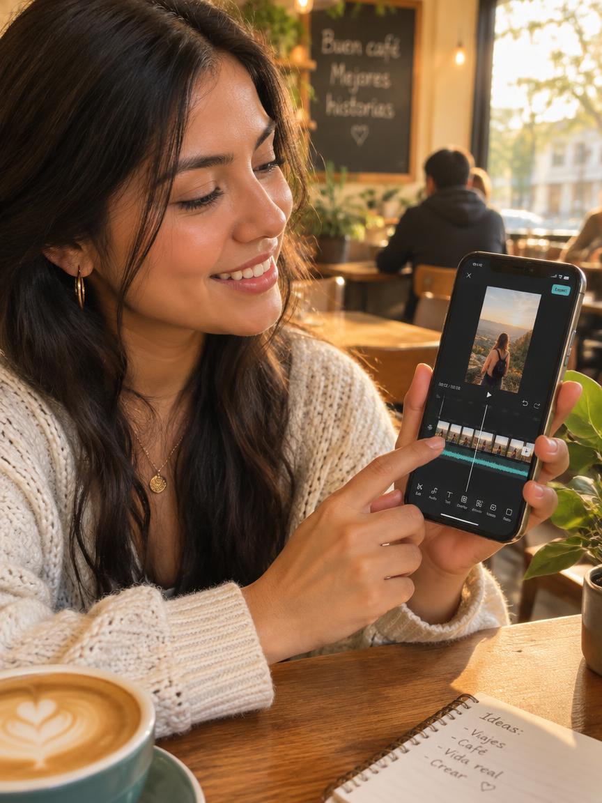 Mujer editando un video desde su celular en un café